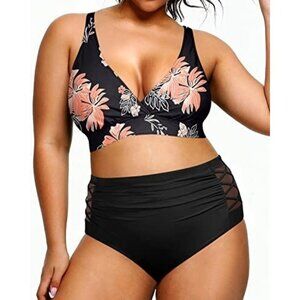 Yonique Plus Size 16W Bikini Two Piece Black & Floral High Waisted Swimsuit